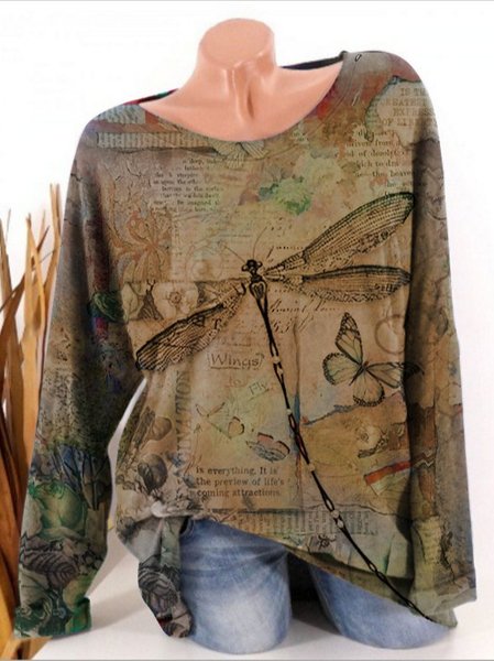 

Dragon-fly Printed Long Sleeve Round Neck Shirts & Tops, Khaki, Tops