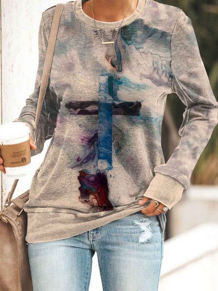 

Women's Oil Painting Faith Christian Cross Printed Casual Sweatshirts, Gray, Hoodies&Sweatshirts