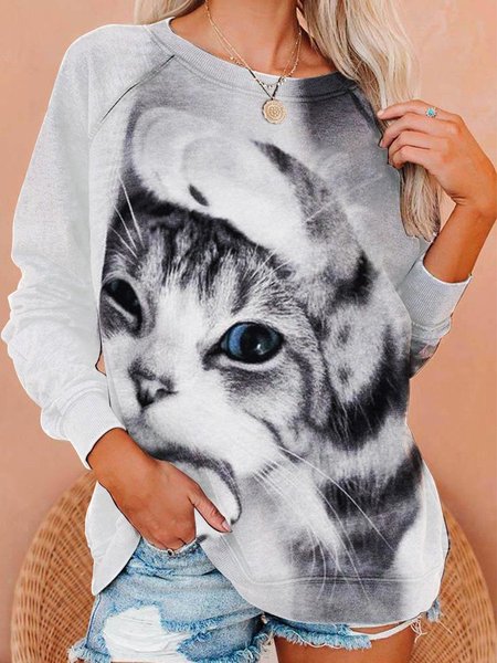 

Cat print pattern Sweatshirt, Gray, Hoodies&Sweatshirts