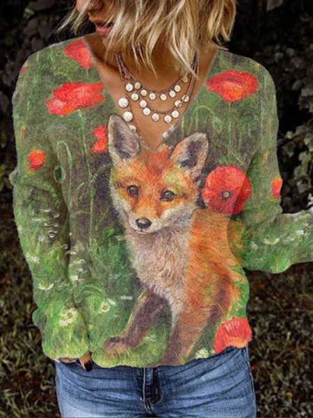 

Plus Size V Neck Vintage Floral Cotton-Blend Shirts & Tops, Multicolor, Blouses & Shirts