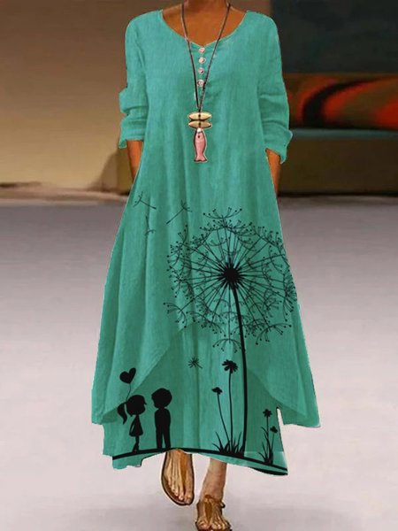 Womens A-Line Boho Floral Dandelion Long Sleeve Maxi Dresses, Blue, Maxi Dresses