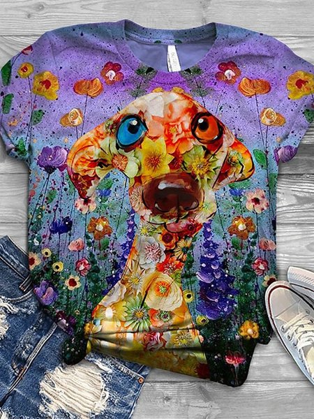 

Women's T-shirt Cartoon Dog Print Round Neck Tops Basic, Purple, Tops