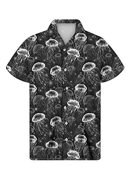 

Men's Basic Lapel Printed Shirts, Black, Men's Floral shirt