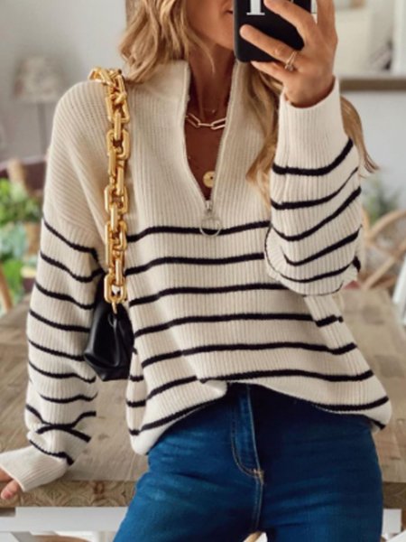 

V Neck Zipper Long Sleeve Stripes Sweater, White, Sweaters & Cardigans