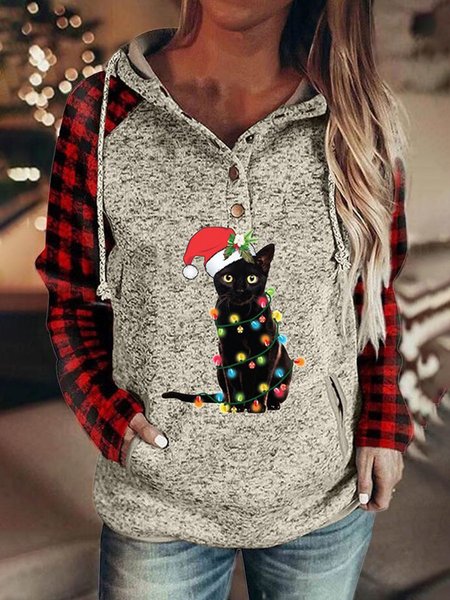 

A black cat wearing a Christmas hat and a neon bulb wrapped in a red plaid hooded sweatshirt, Cat pattern, Hoodies&Sweatshirts