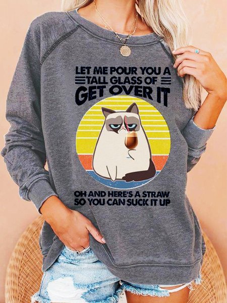 Funny Cat Graphic Sweatshirt, Gray, Hoodies & Sweatshirts