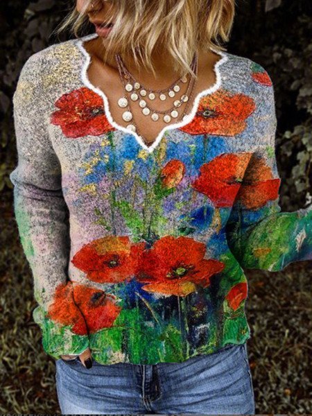 

flower Casual V Neck Sweatshirt, Gray, Hoodies&Sweatshirts