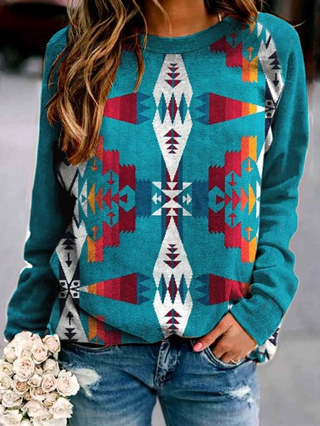 

Vintage Print Casual Loose Pullover Sweatshirts, Blue, Hoodies & Sweatshirts