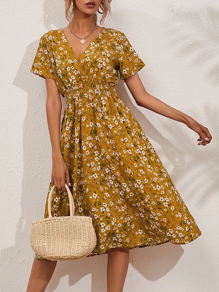 

V Neck Floral Holiday Printed Short Sleeve Midi Dress, Yellow, Midi Dresses