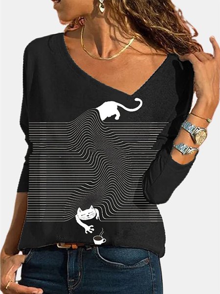 

Women's T-shirt Striped 3D Cat Long Sleeve Patchwork Print V Neck Tops, Black, Tees & T-shirts
