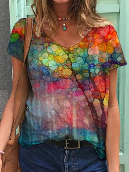 

Casual Printed V Neck Short Sleeve T-shirt, Multicolor, T-Shirts