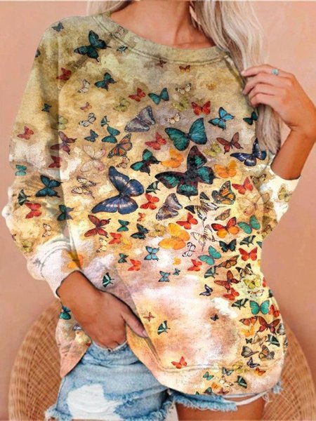 

Women Butterfly Printed Casual O-Neck Sweatshirt Top, Yellow, Hoodies&Sweatshirts