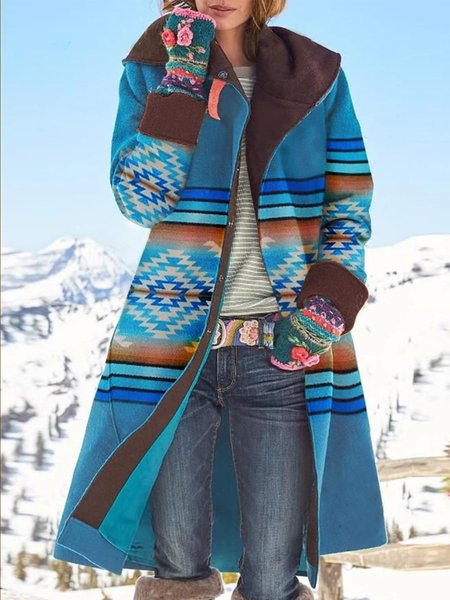 

Blue Printed Long Sleeve Outerwear, Coats