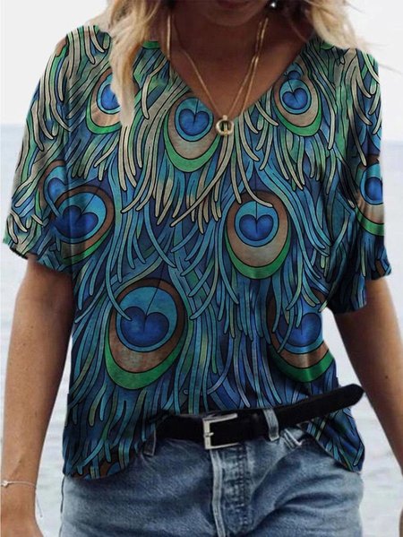 

Peacock Feather/Paisley Printed Short Sleeve V Neck T-Shirts, Blue, Tops