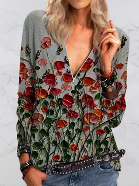 

Casual Floral Printed Zipper Button Long Sleeve Shirt, Gray, Long sleeve tops