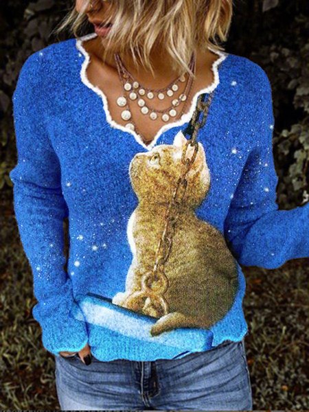 

Blue Cat Printed V-neck Casual Long Sleeve Shirts & Tops, Blouses & Shirts