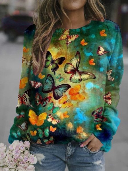 

Butterfly O-Neck Casual Cotton-Blend Sweatshirt, Blue, Hoodies&Sweatshirts