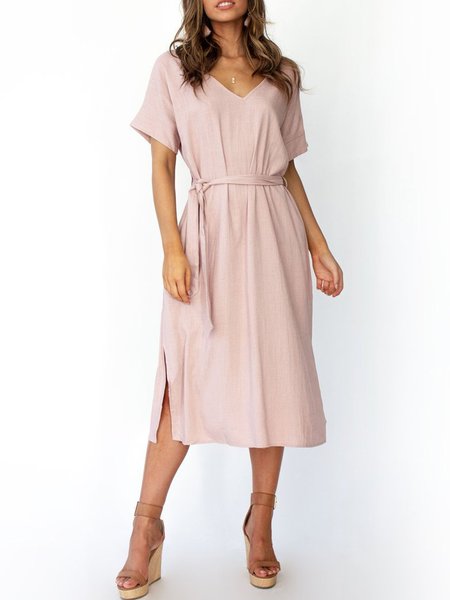 

V Neck Short Sleeve Solid Dresses, Pink, Dresses