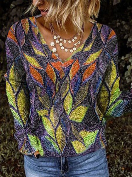 

V Neck Long Sleeve Floral-Print Leaves Top, Multicolor, Tops