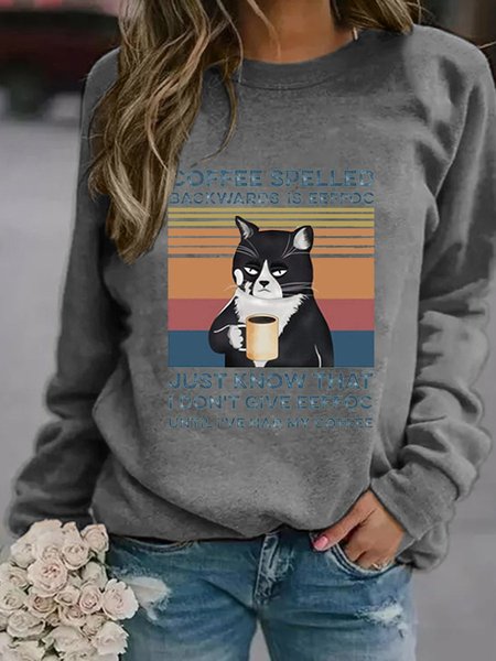 

Coffee Spelled Backwards Is Eeffoc Just Know That I Don't Give Eeffoc Until I've Had My Coffee Cat Graphic Sweatshirt, Gray, Hoodies&Sweatshirts