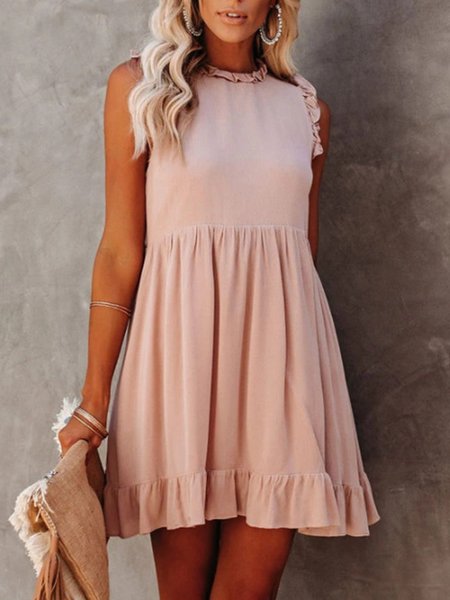 

Sleeveless Crew Neck Solid Dress, Pink, Mini Dresses