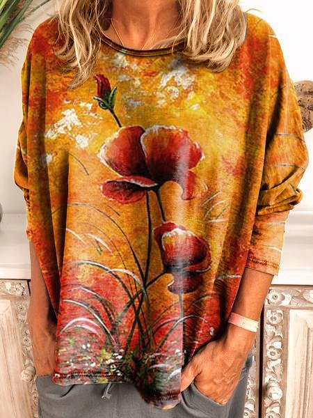 

Long Sleeve Crew Neck Casual Oil painting flowers Shirt & Top, Orange, Hoodies&Sweatshirts