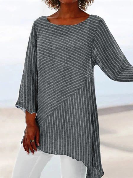 

Women Casual Striped Asymmetrical Hem Crew Neck Linen Tunic Top, Gray, Tunics