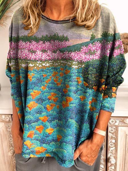 

Flower oil painting printing Long Sleeve Shirt & Top, Color, Tops