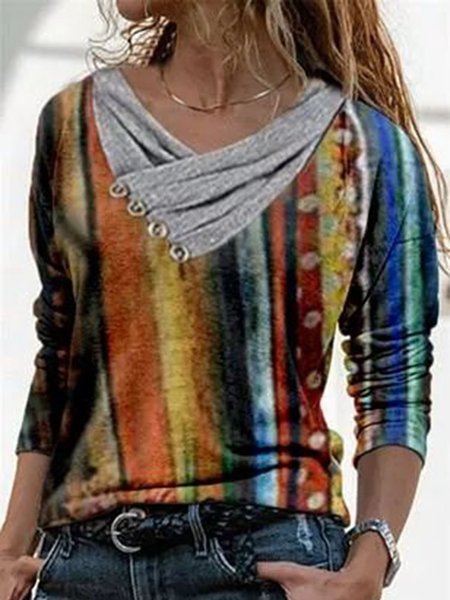 

Color Block Casual V-Neckline Long Sleeve blouse, Gray, Tops