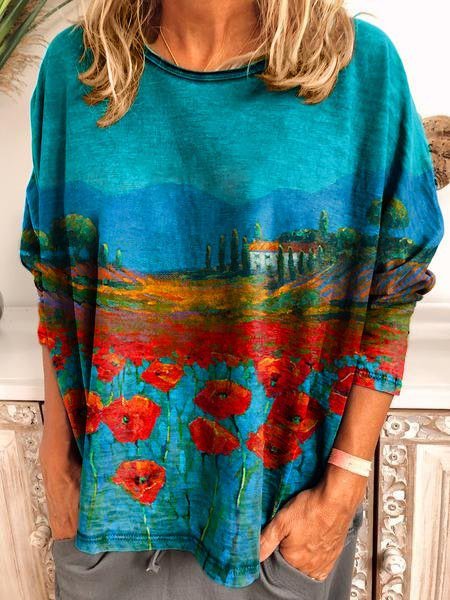 

Long Sleeve Flower oil painting printing Shirt & Top, Blue, Hoodies&Sweatshirts