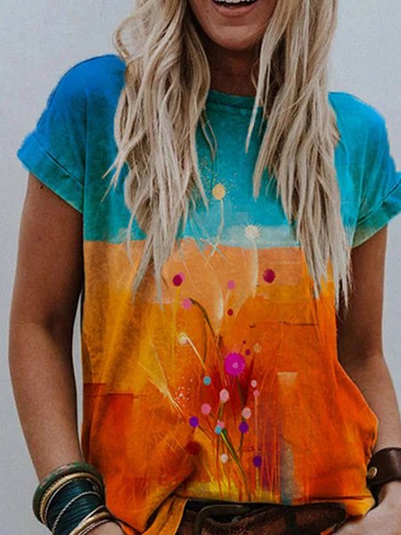 

Round Neck Casual Printed Short Sleeve Shirts & Tops, Purplish blue, Tees & T-shirts