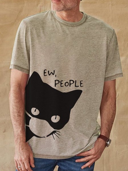 

Vintage Crew Neck Cat Printed Men's Fashion Print Tee, Light khaki, T-shirts