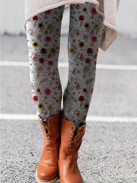 

Cotton-Blend Floral-Print Floral Leggings, Gray, leggings
