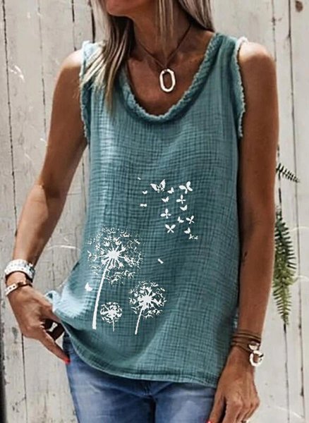 

Dandelion Butterfly Print Round Neck Sleeveless Casual Tank Tops Vest, Blue, Tanks & Camis