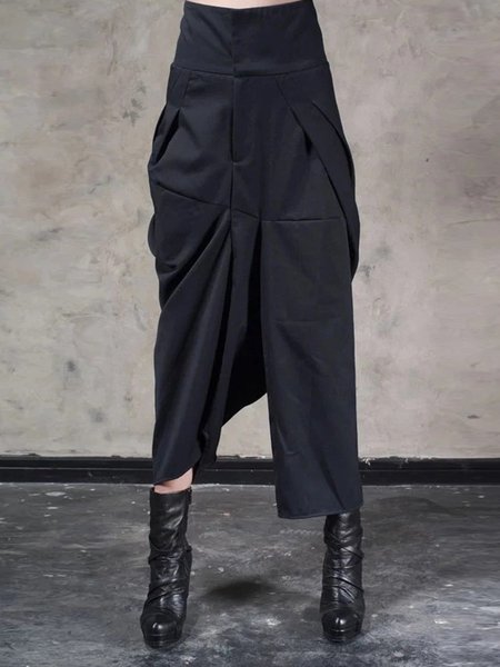 

High Waist Wide Leg Culottes Big Crotch Harem Pants /Asymmetrical Slacks Trouser, Black, Bottoms