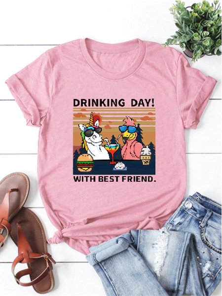 

Drinking Day! With Best Friend. Unicorn and Flamingo Party Graphic Tee, Brick red, T-shirts