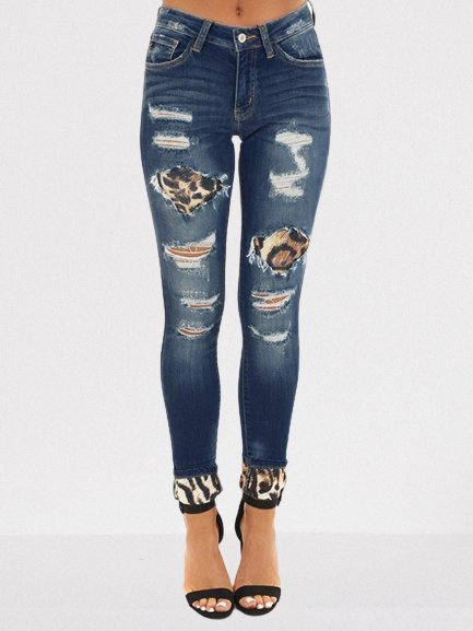 

Leopard-print Ripped Mid-rise Slim-fit Plus Size Sexy Little Feet Jeans, Light blue, Jeans