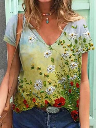 

Floral-Print V Neck Floral Short Sleeve Shirts & Tops, Multicolor, Printed T-shirts