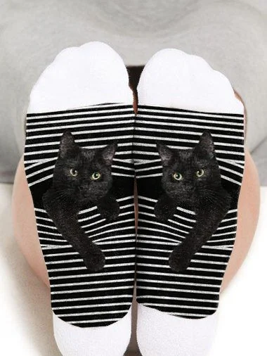

JFN Cute Black Cat Printed Casual Cotton Socks, White, Socks