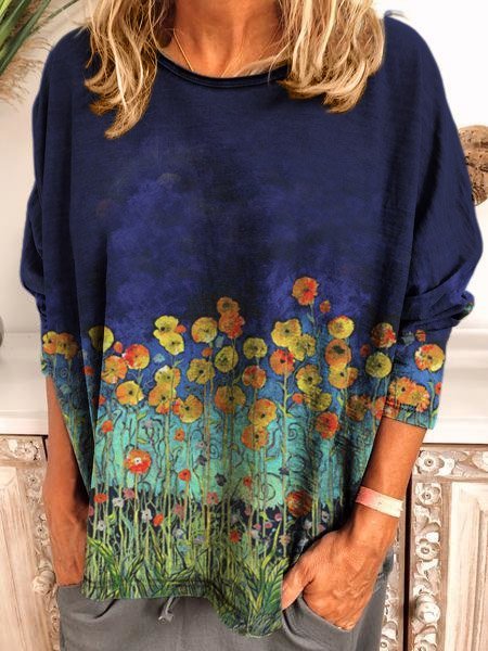 

Casual Crew Neck Cotton-Blend Oil painting flowers Shirt & Top, Navy blue, Tops