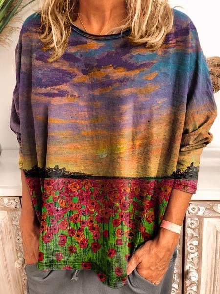 Long Sleeve Flower oil painting printing Shirt & Top, Color, Tops