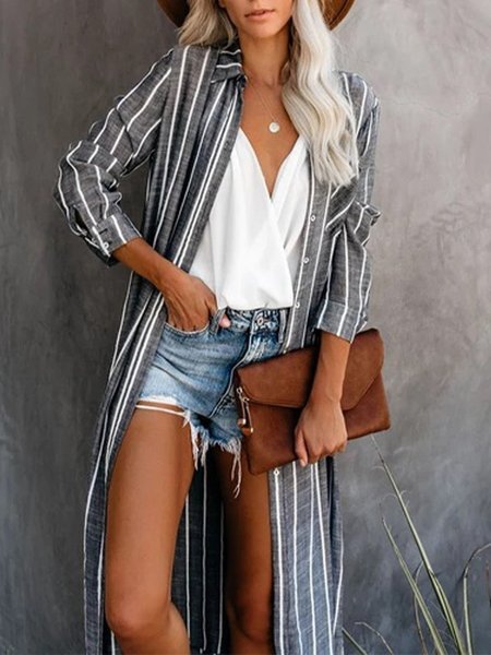 

Long Sleeve Casual Shirt Collar Outerwear, As picture, Blouses and Shirts