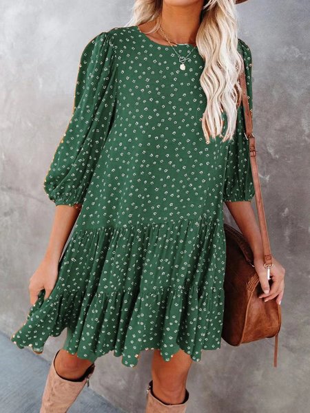 

Printed Floral Crew Neck Mini Dress, Green, Mini Dresses
