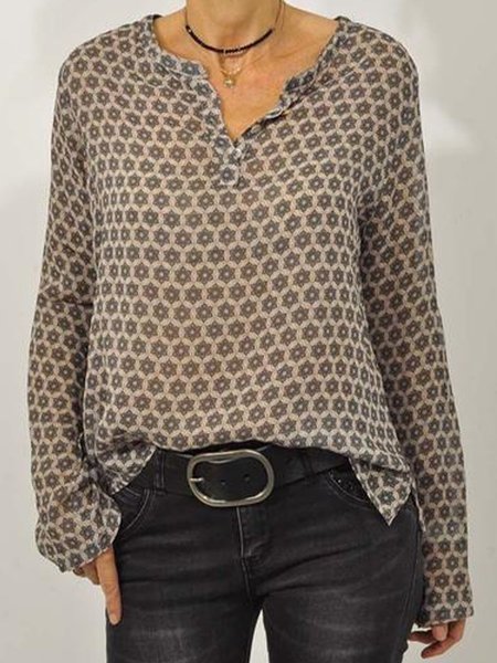 

V Neck Floral-Print Long Sleeve Top, Khaki, Blouses and Shirts