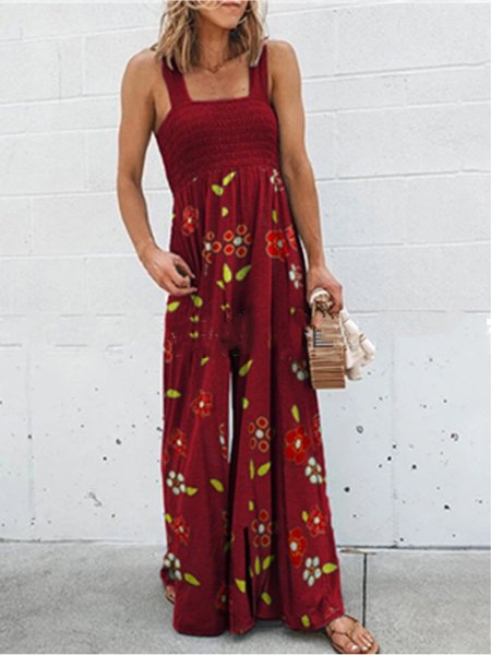 Sleeveless Floral Square Neck Jumpsuit, Red, Jumpsuits