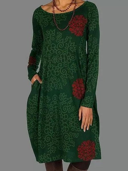 

Crew Neck Long Sleeve Knitting Dress, Green, Dresses