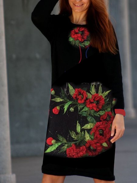

Floral Crew Neck Casual Printed Dresses, Black, Dresses