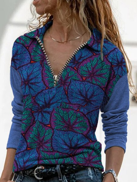 

Long Sleeve Leaves Shirts & Tops, Blue, Blouses & Shirts