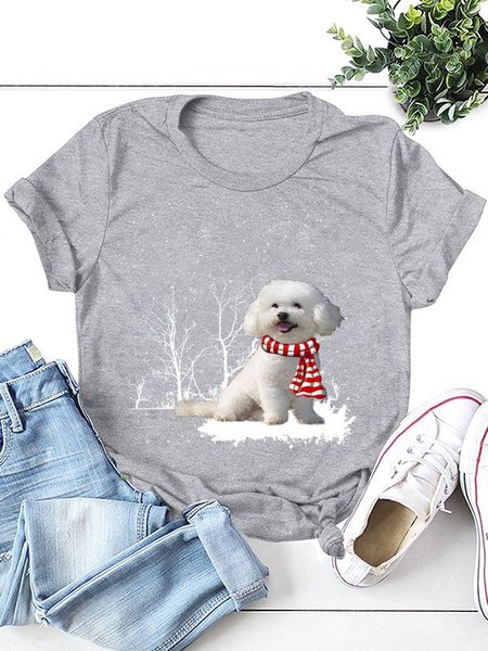 

Winter Snow Bichon Frise Wearing Scarf Tee, Gray, T-shirts
