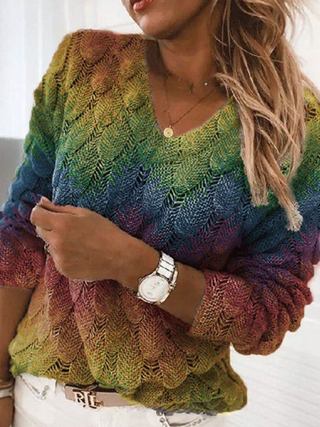 

V Neck Casual Leaves Long Sleeve Top, Multicolor, Pullovers